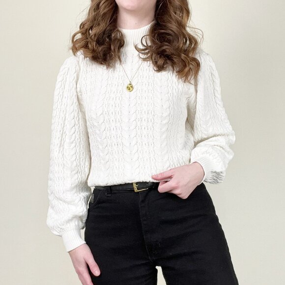 Anthropologie Cable Knit Open Back Puff Poof Balloon Sleeve Sweater Light Preppy - Picture 1 of 6